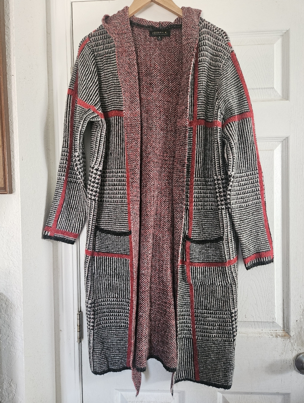 Joseph A Hooded Open-Front Long Cardigan in Black, White & Pink-Red